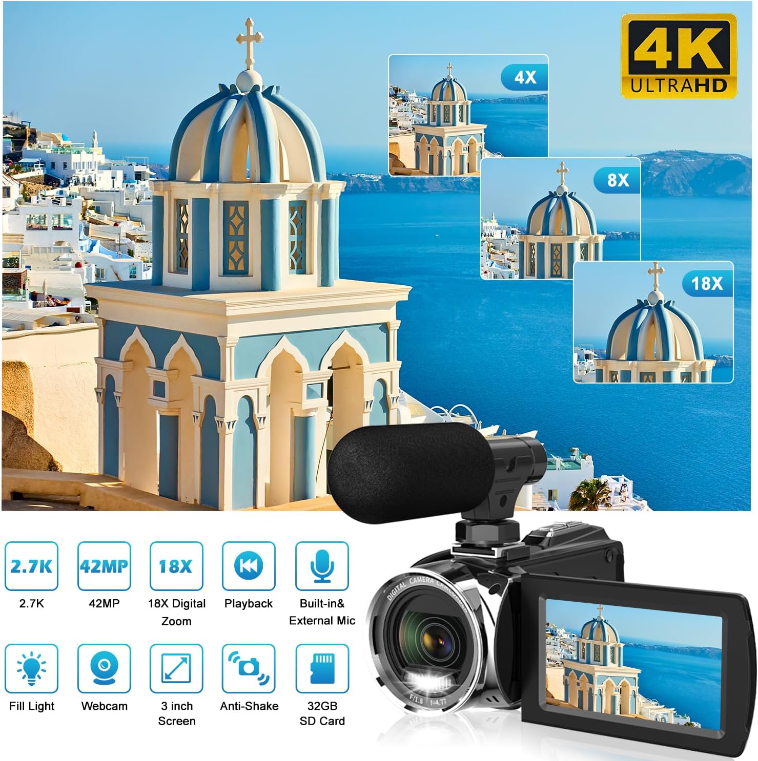 Video Camera Camcorder Ultra HD 4K 48MP Digital Cameras Recorder for YouTube TikTok 3 Inch 270 Degree Rotation Screen 18X Zoom Vlogging Camcorders for Kids,Teens,Students,Beginners,Elders - Image 2